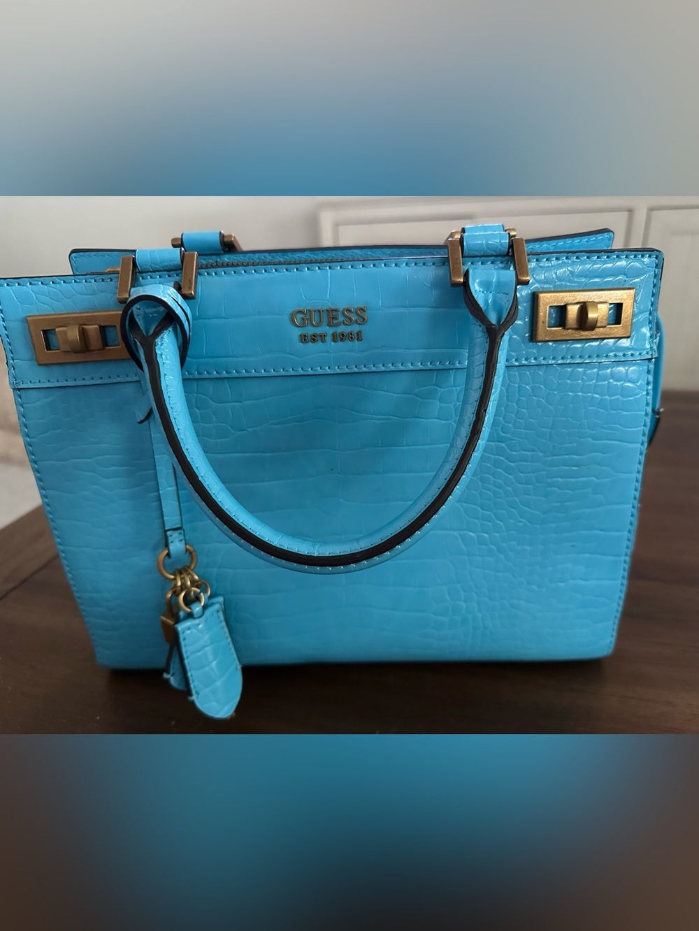 GUESS Bright Turquoise Croc-Embossed Satchel with Gold Hardware